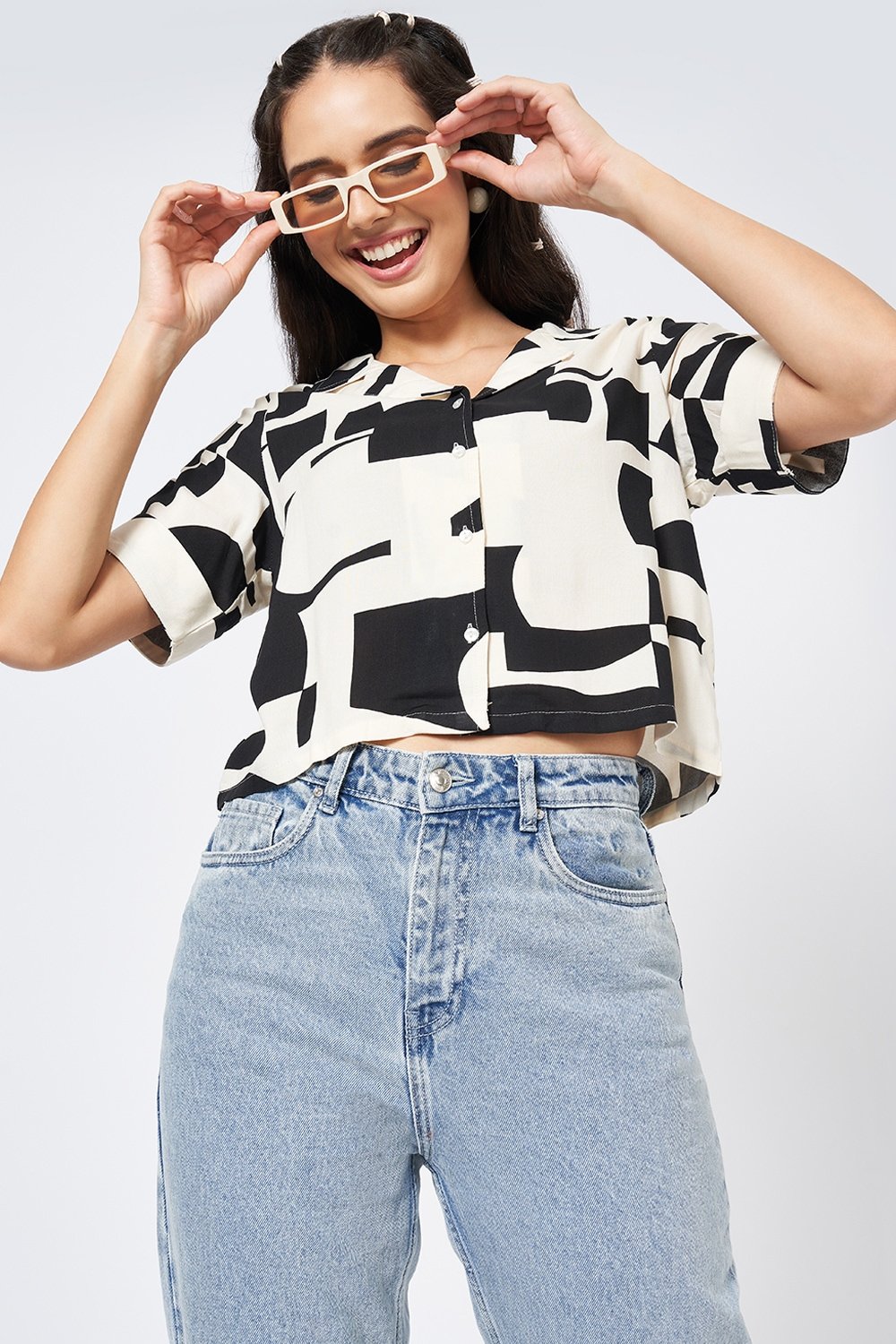 People Off White Printed Casual Half Sleeves Shirt Collar Women Boxy Shirt