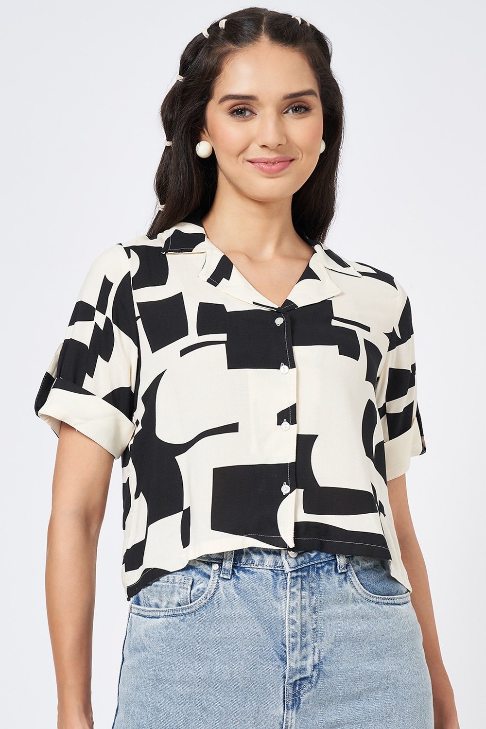 People Off White Printed Casual Half Sleeves Shirt Collar Women Boxy Shirt - Image 3