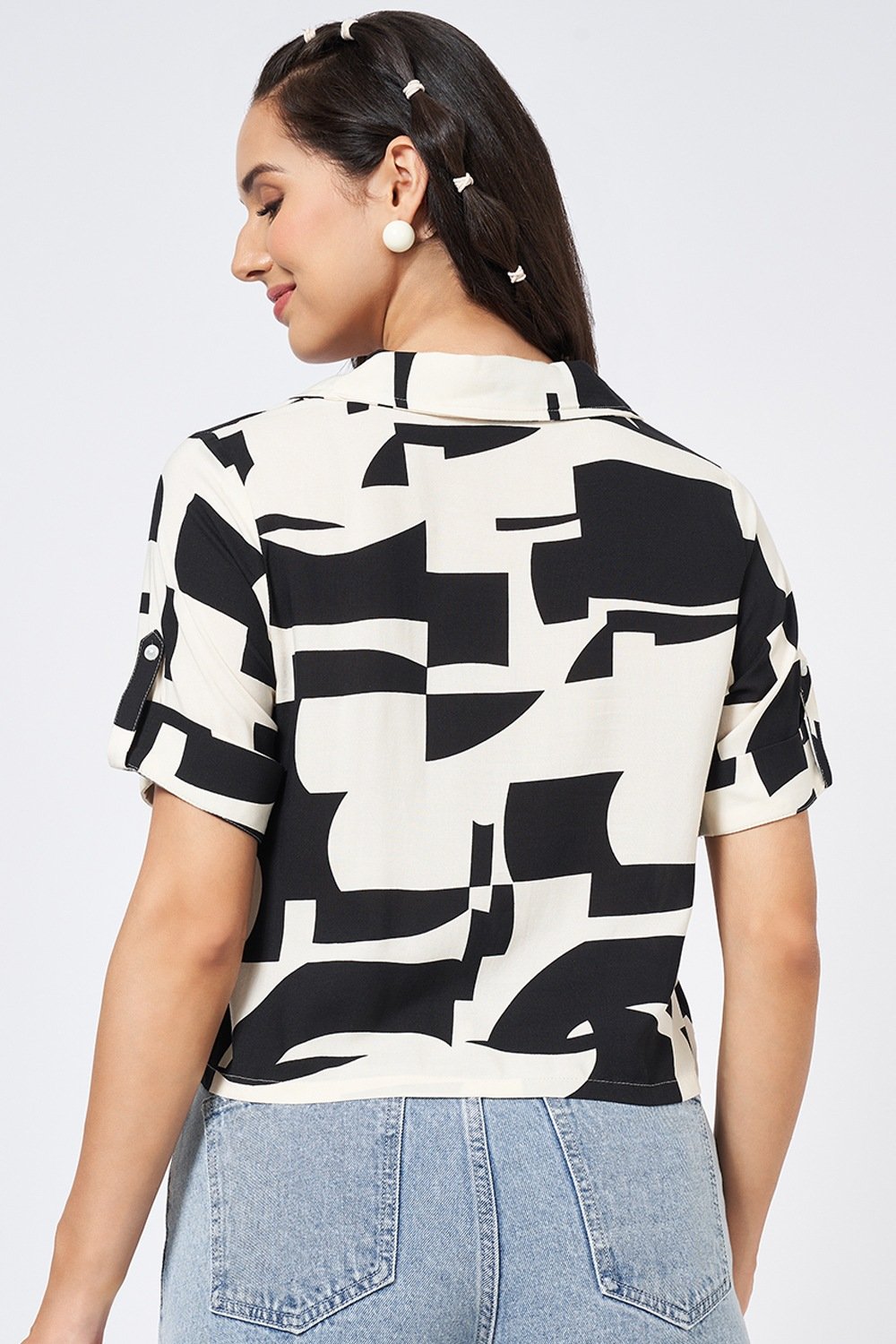 People Off White Printed Casual Half Sleeves Shirt Collar Women Boxy Shirt - Image 5
