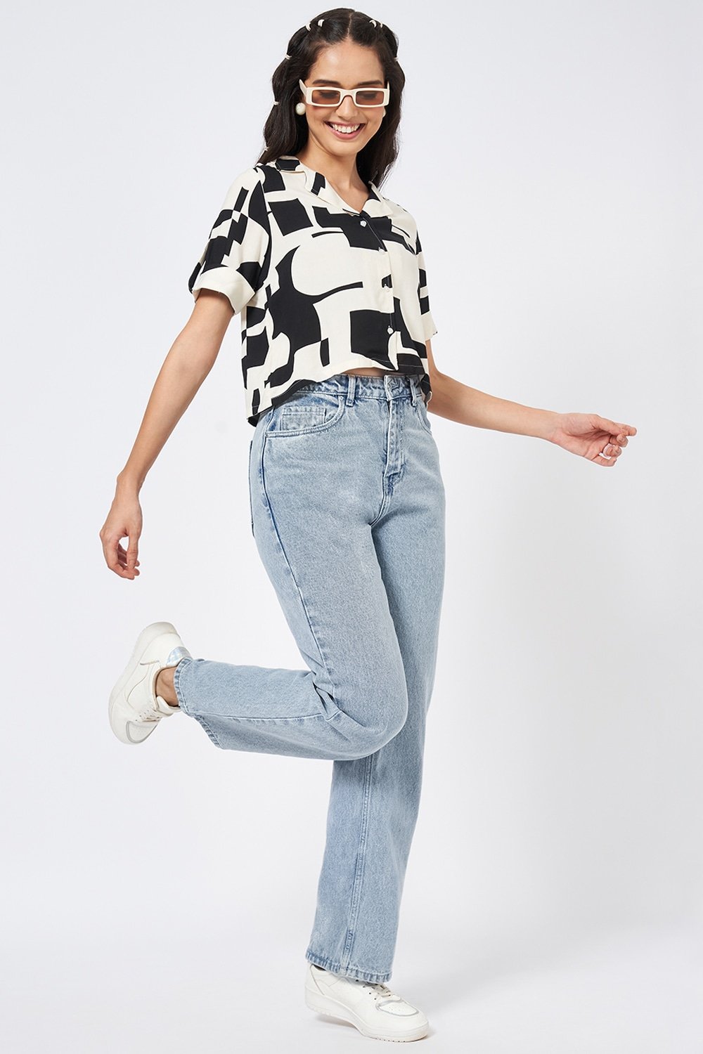 People Off White Printed Casual Half Sleeves Shirt Collar Women Boxy Shirt - Image 6