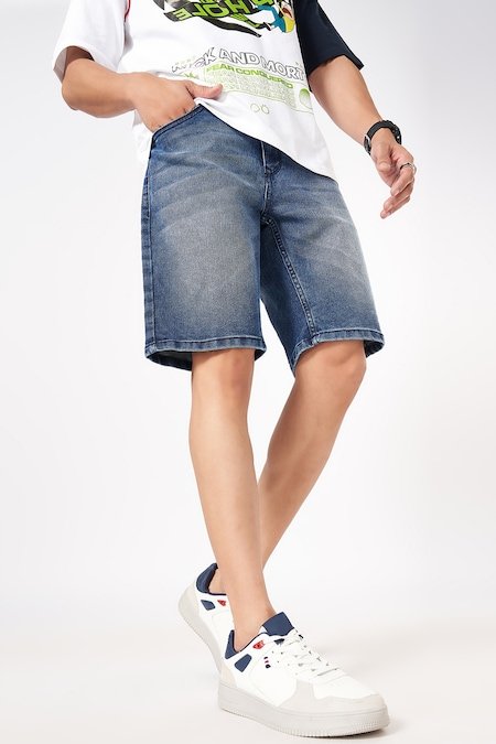 SF Jeans Medium Blue Solid Above Knee Casual Men Regular Fit Short