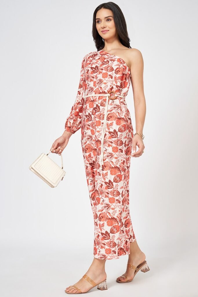 Honey Off White Printed Off-Shoulder Casual Full Length Full Sleeves Women Relaxed Fit Jumpsuit