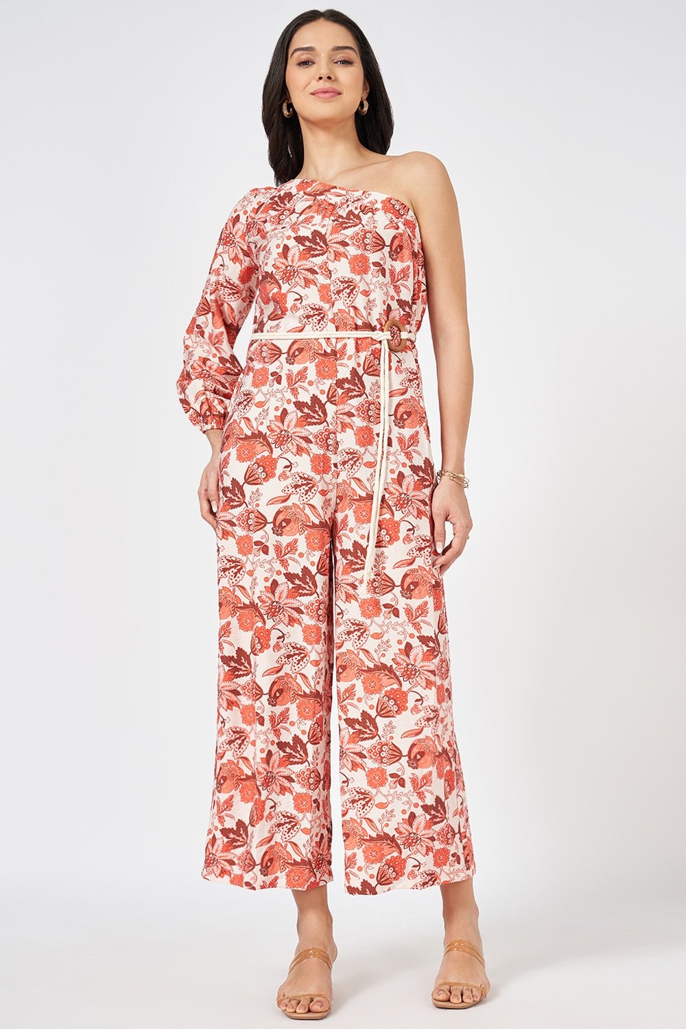 Honey Off White Printed Off-Shoulder Casual Full Length Full Sleeves Women Relaxed Fit Jumpsuit - Image 3