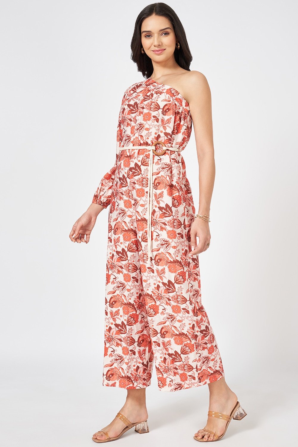Honey Off White Printed Off-Shoulder Casual Full Length Full Sleeves Women Relaxed Fit Jumpsuit - Image 4
