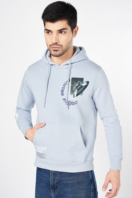 SF Jeans Light Blue Printed Winterwear Full Sleeves Hood Men Regular Fit Sweatshirt