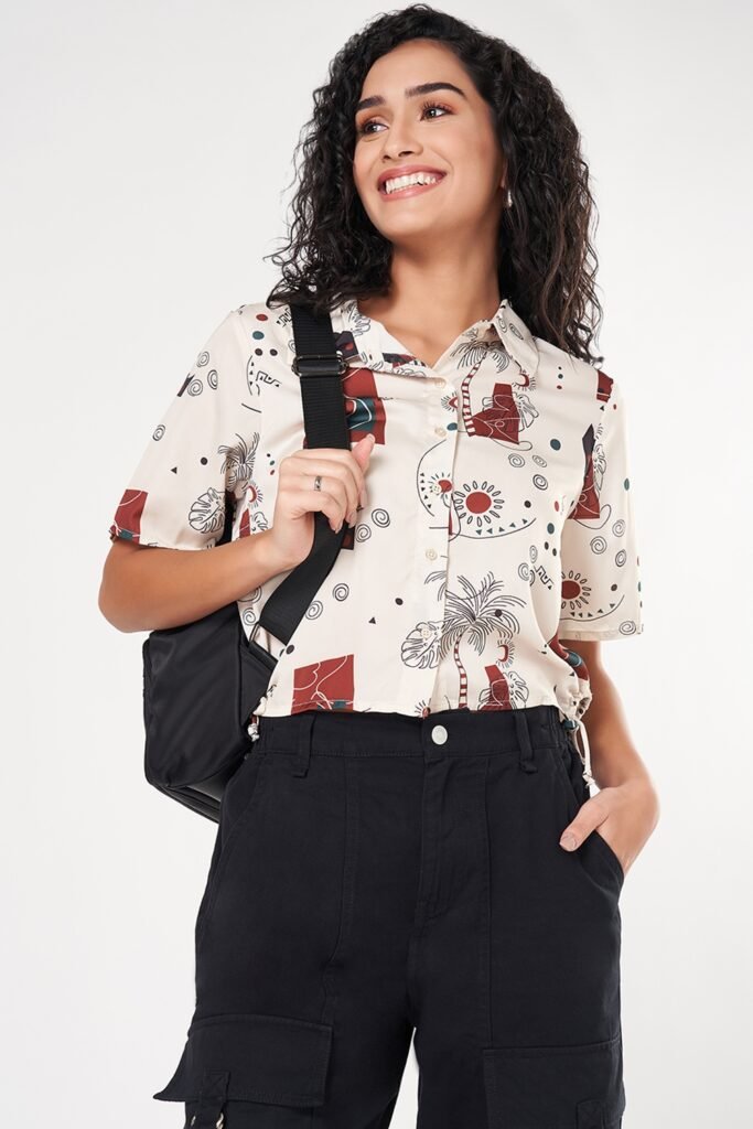 People Peach Printed Casual Half Sleeves Women Boxy Shirt