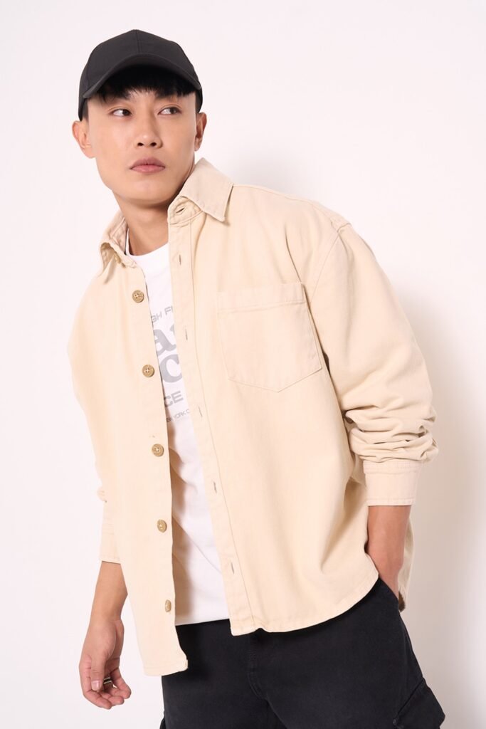 SF Jeans Beige Solid Casual Full Sleeves Men Relaxed Fit Jacket