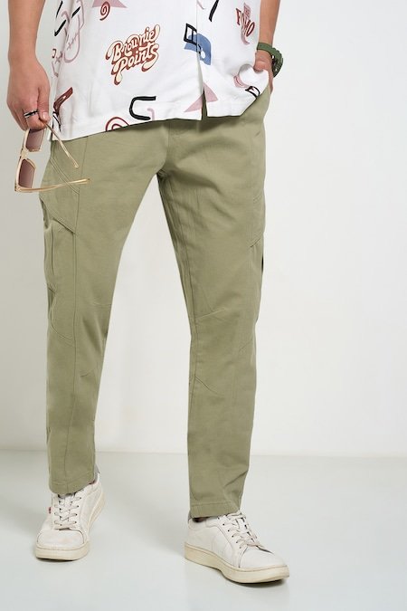 People Olive Solid Full Length Casual Men Regular Fit Casual Trouser