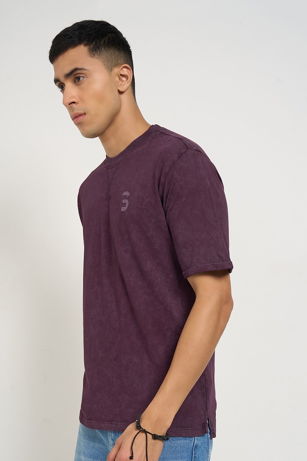 SF Jeans Wine Textured Casual Men Relaxed Fit T-Shirt - Image 4