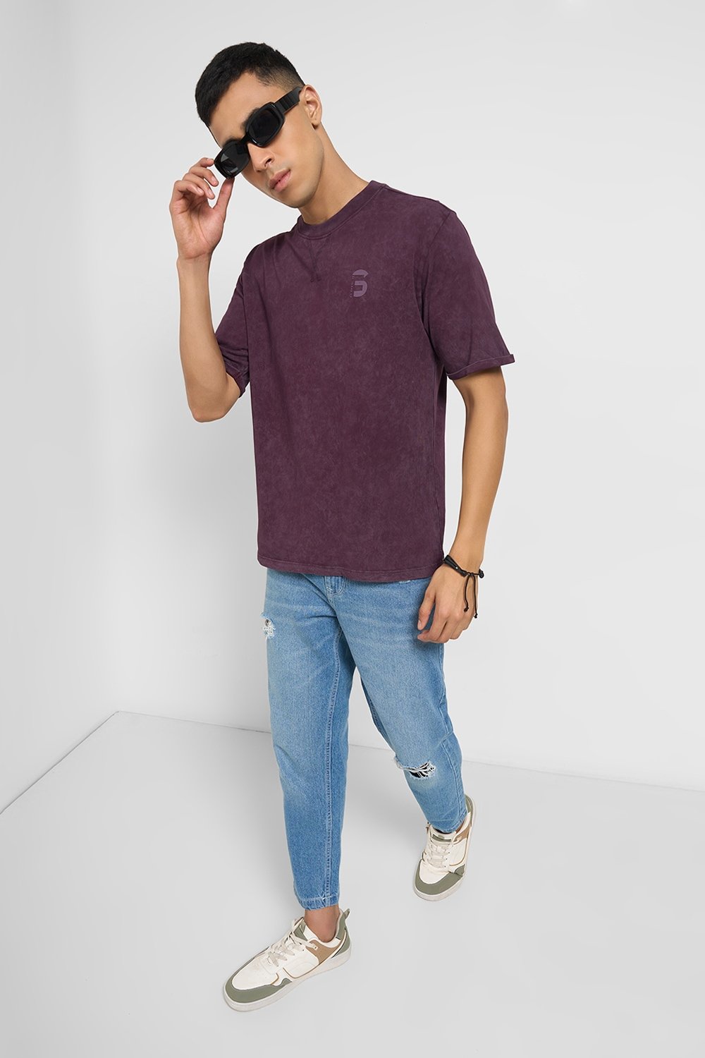 SF Jeans Wine Textured Casual Men Relaxed Fit T-Shirt - Image 6