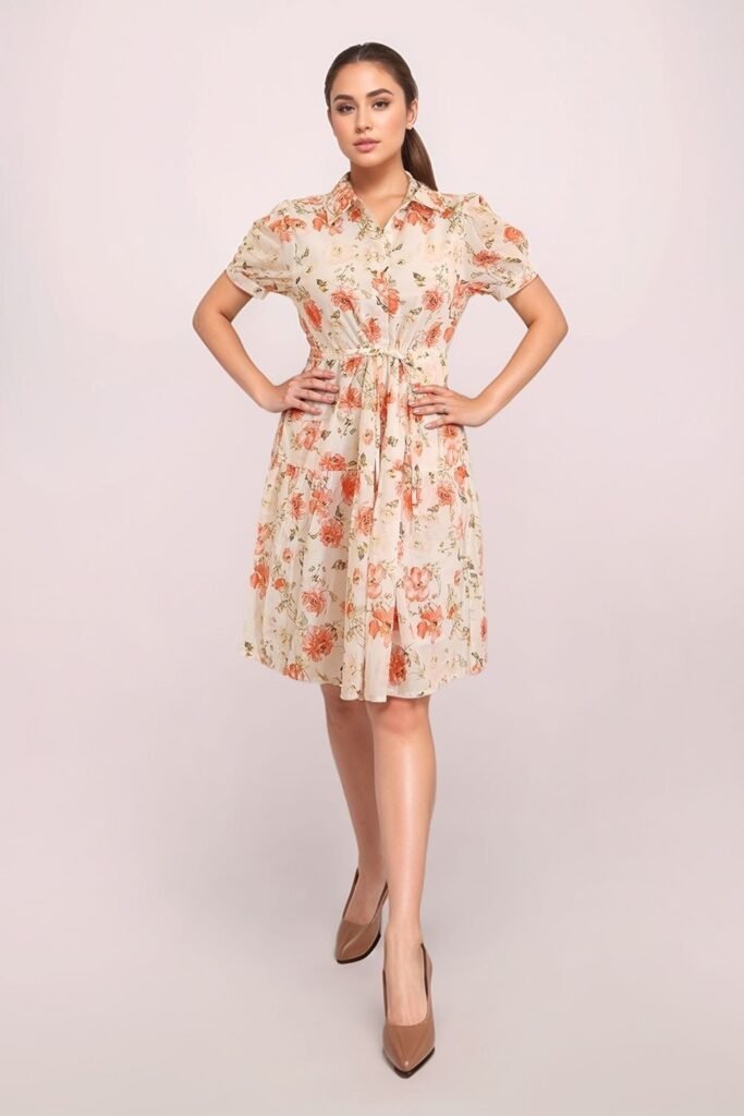 Zink London Off White Printed Knee Length Casual Women Regular Fit Dress
