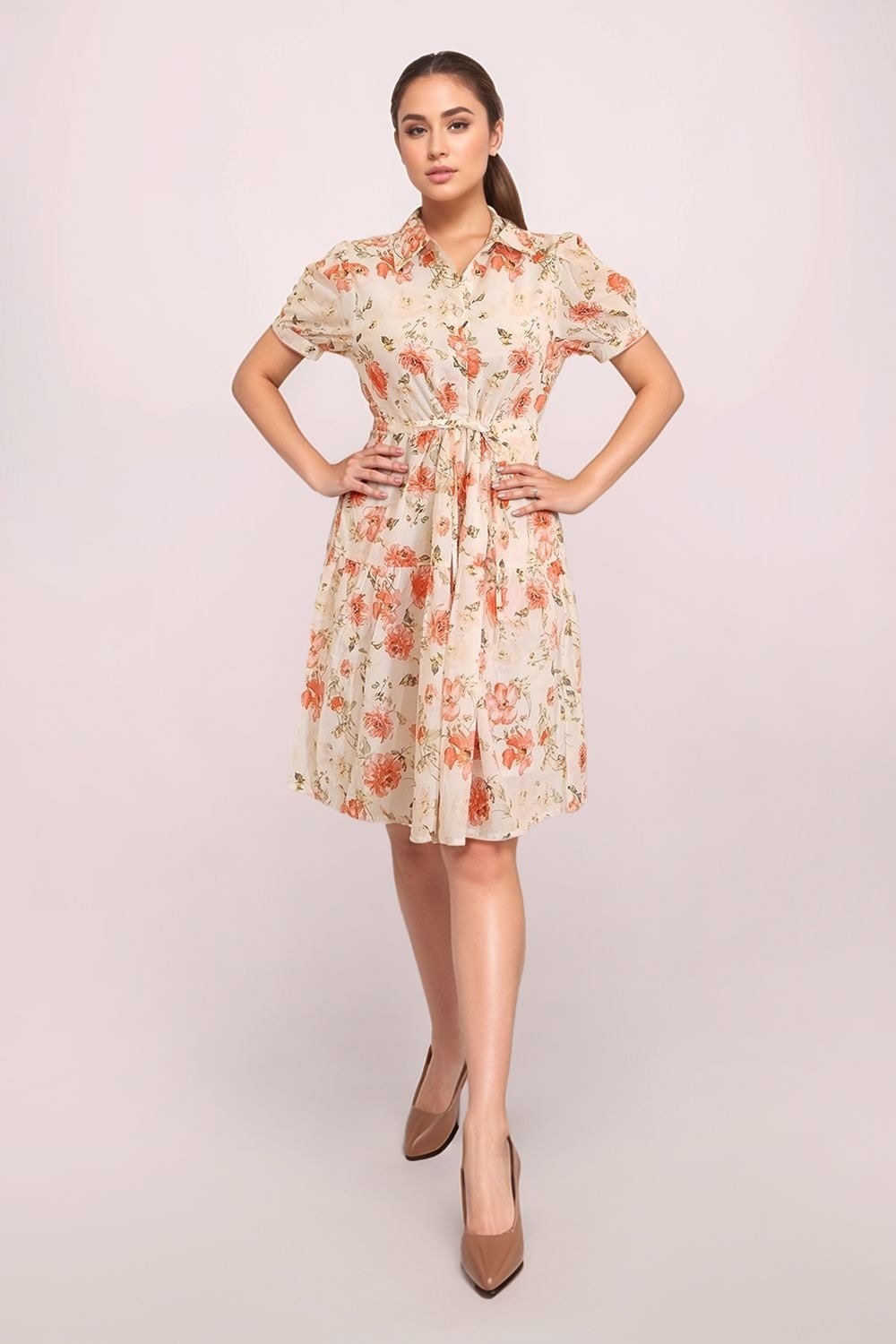 Zink London Off White Printed Knee Length Casual Women Regular Fit Dress