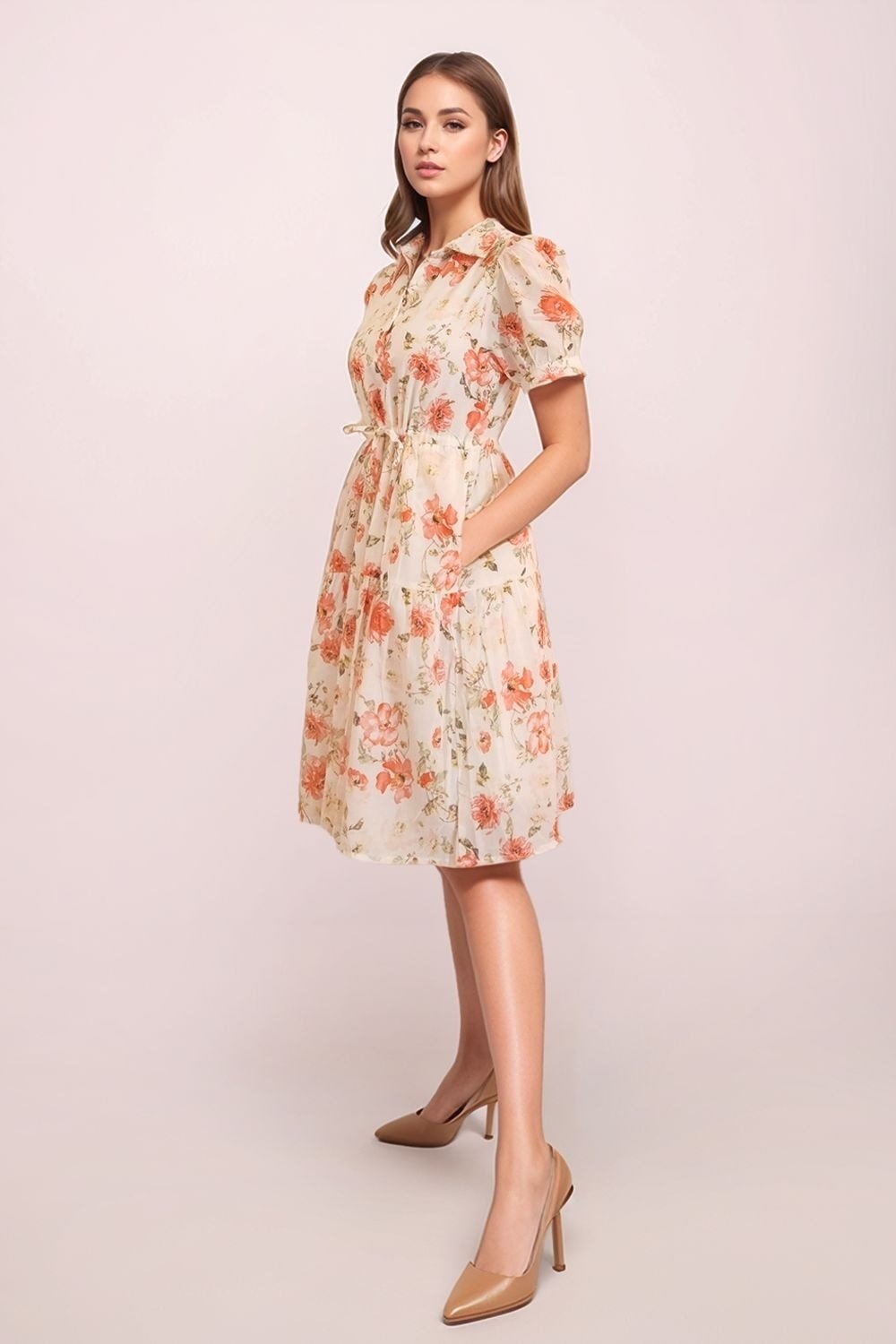 Zink London Off White Printed Knee Length Casual Women Regular Fit Dress - Image 2