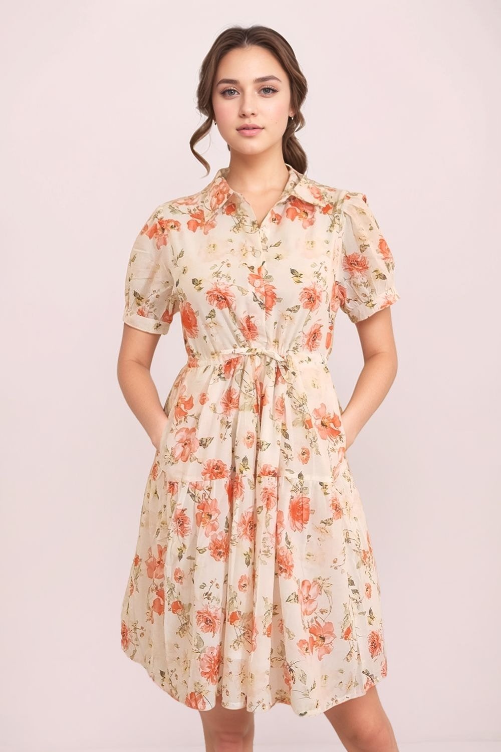 Zink London Off White Printed Knee Length Casual Women Regular Fit Dress - Image 3