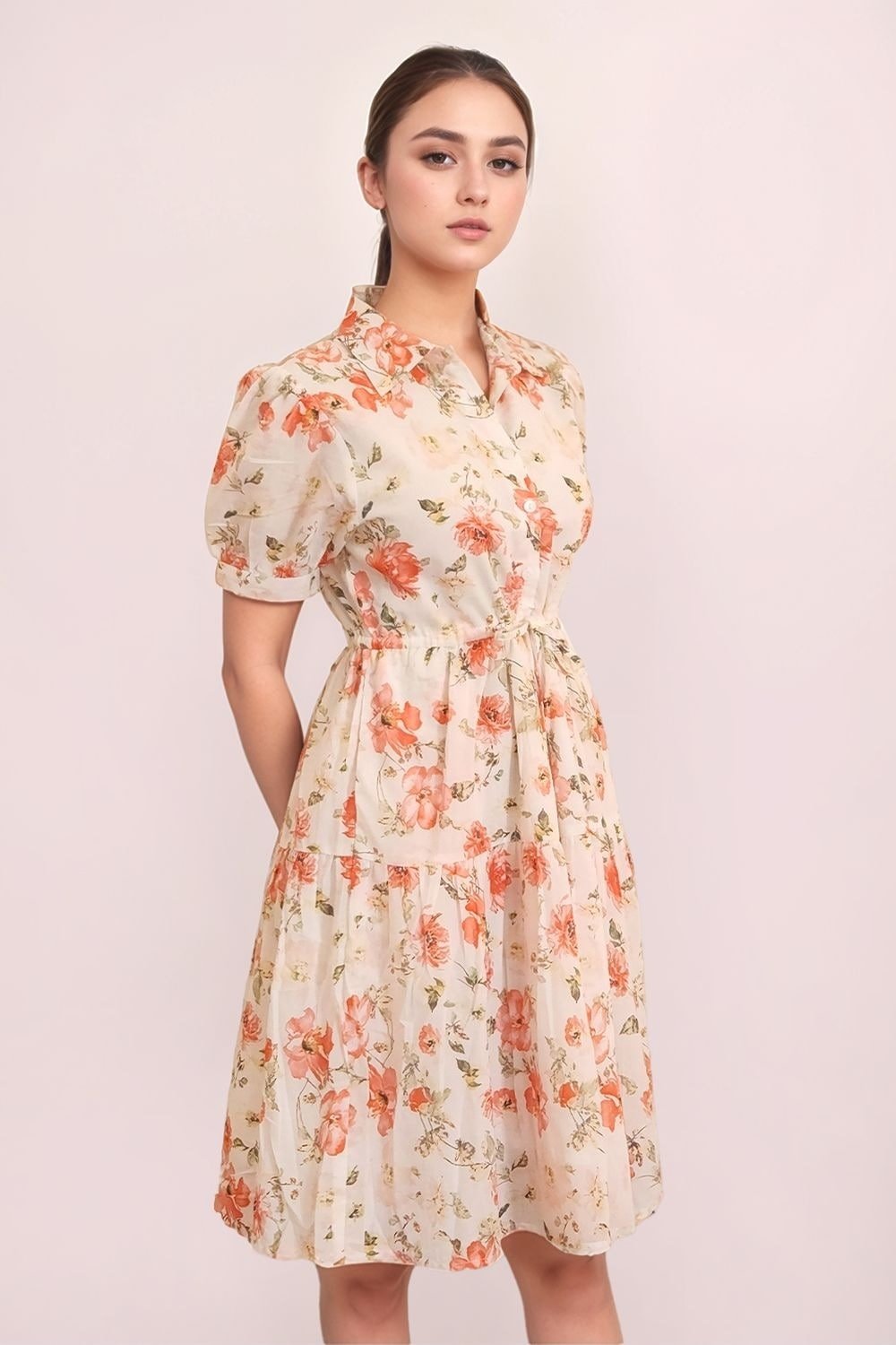 Zink London Off White Printed Knee Length Casual Women Regular Fit Dress - Image 5