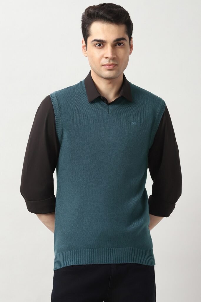 Peter England Light Blue Solid Casual V-Neck Men Regular Fit Sweater