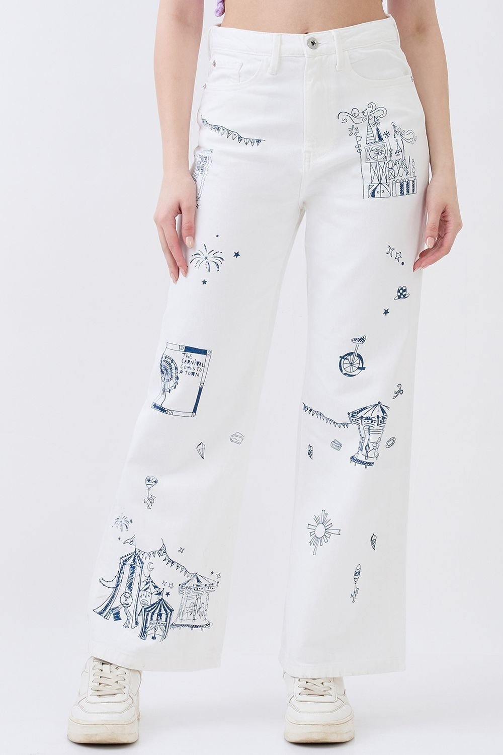 Spykar White Printed Women Wide Leg Jeans