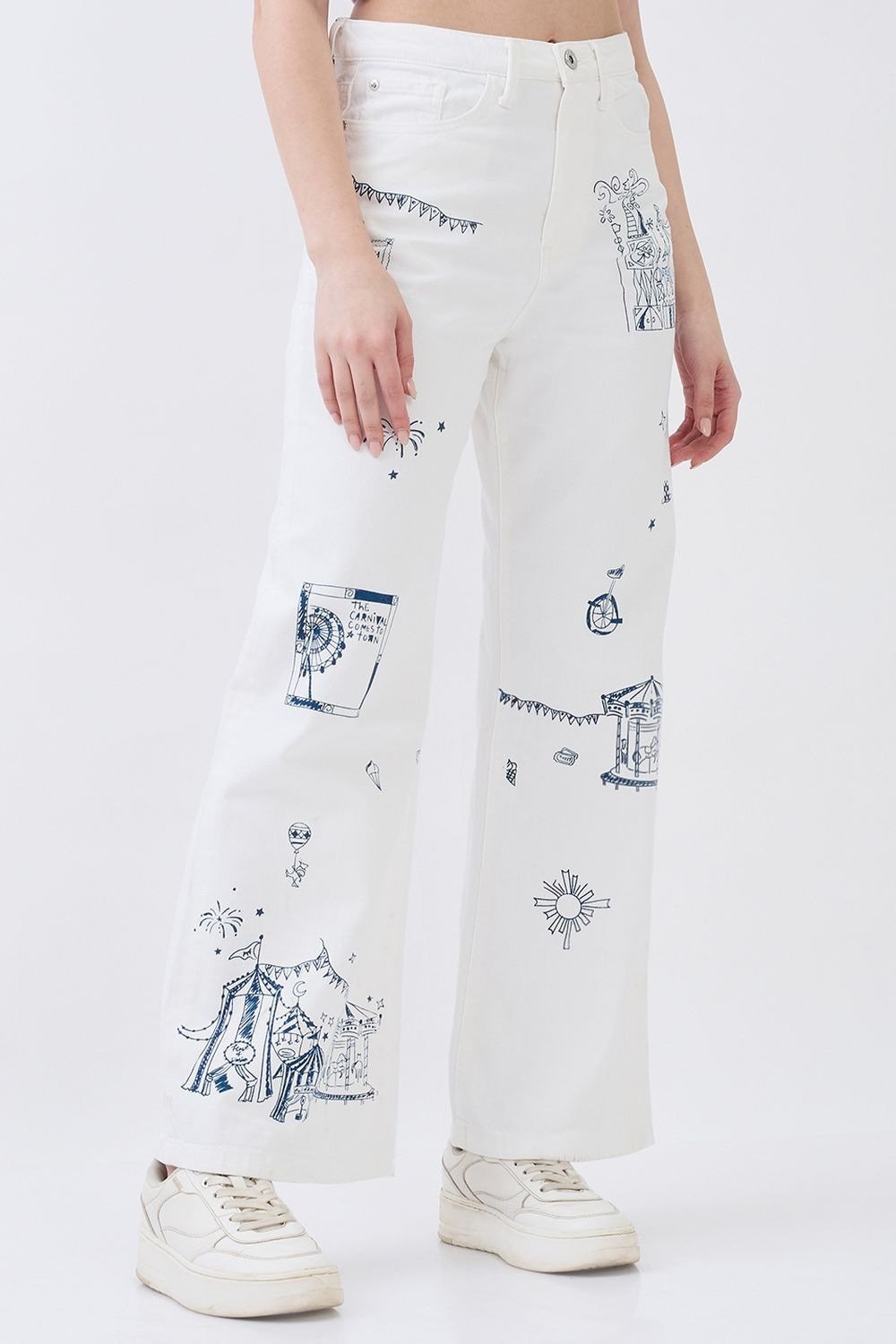 Spykar White Printed Women Wide Leg Jeans - Image 3