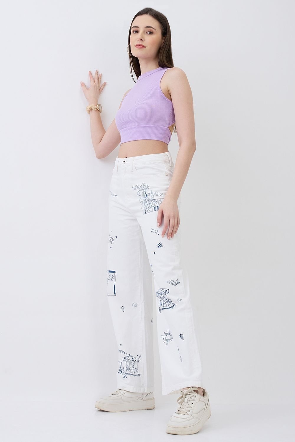 Spykar White Printed Women Wide Leg Jeans - Image 6