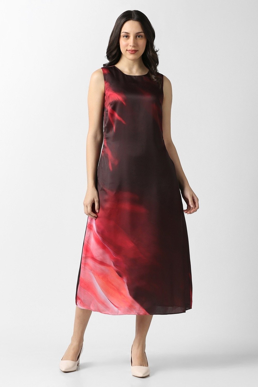 Van Heusen Maroon Printed Calf Length Party Women Regular Fit Dress