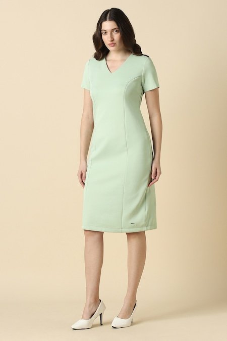 Allen Solly Light Green Solid Knee Length Formal Women Regular Fit Dresses