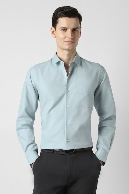 Peter England Light Blue Textured Formal Full Sleeves Shirt Collar Men Relaxed Fit Formal Shirt