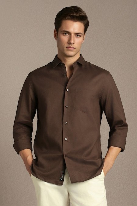 Louis Philippe Brown Solid Formal Full Sleeves Shirt Collar Men Relaxed Fit Formal Shirt