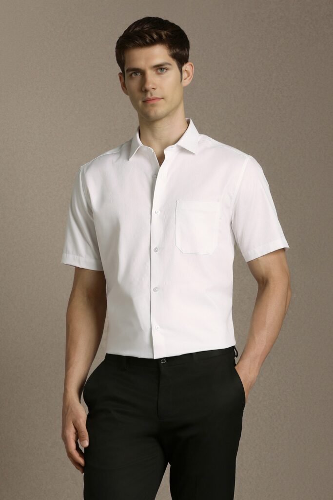 Louis Philippe White Textured Formal Half Sleeves Shirt Collar Men Relaxed Fit Formal Shirt