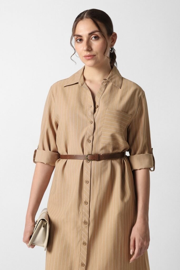 Van Heusen Beige Striped Calf Length Formal Women Regular Fit Dress
