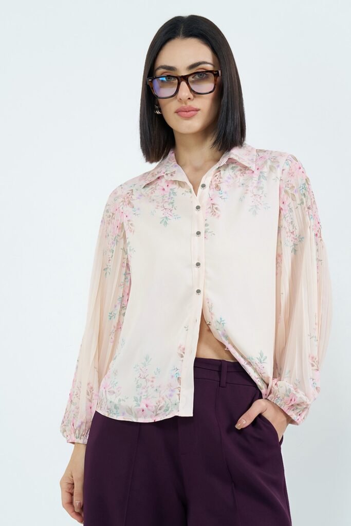 Annabelle Off White Printed All - Over Casual Full Sleeves Shirt Collar Women Regular Fit Shirts